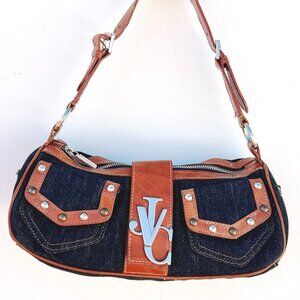 Vintage VERSACE JEANS COUTURE Black Denim Baguette Bag Studded Leather Y2K